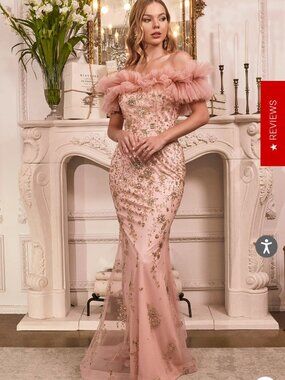 Pink Gold Cinderella Divine Glitter Maxi Dress Off Shoulder Tulle Prom Evening